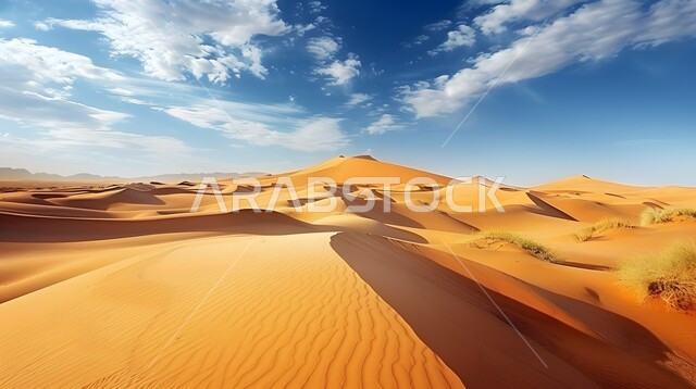 التلال والكثبان الرملية، مشهد السماء المليئة بالسحب والغيوم، المناخ الصحراوي الجاف والقاسي، الرمال الذهبية الناعمة، المناظر الطبيعية في الصحراء في المملكة العربية، المناطق السياحية الصحراوية في السعودية