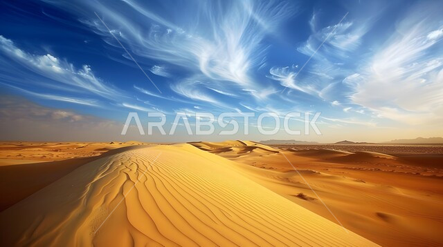 مشهد السماء المليئة بالسحب والغيوم، المناخ الصحراوي الجاف والقاسي، التلال والكثبان الرملية، الرمال الذهبية الناعمة، المناظر الطبيعية في الصحراء في المملكة العربية، المناطق السياحية الصحراوية في السعودية