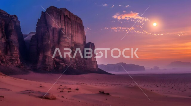 المرتفعات والتضاريس والقمم الجبلية في البراري، التشكيلات والتكوينات الصخرية في صحراء المملكة العربية السعودية، الرمال الناعمة والكثبان الرملية الذهبية وقت غروب الشمس، مناطق البادية والبيئة الطبيعية الصحراوية، المناخ الصحراوي الجاف والقاسي