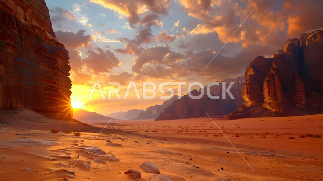 التضاريس والمرتفعات والقمم الجبلية في البراري، التشكيلات والتكوينات الصخرية في صحراء المملكة العربية السعودية، الرمال الناعمة والكثبان الرملية الذهبية وقت غروب الشمس، مناطق البادية والبيئة الطبيعية الصحراوية، المناخ الصحراوي الجاف والقاسي،