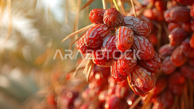 الاشجار والنباتات الخضراء المثمرة, موسم قطاف و حصاد التمور، زراعة أشجار النخيل في المحميات الطبيعية بالمملكة العربية السعودية، منتجات ومحاصيل زراعيه محلية وطنية , صورة مقربة لعناقيد من حبات الرطب الطازج