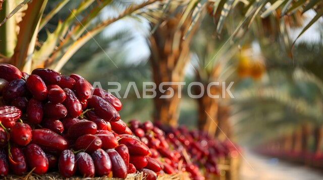 Clusters of fresh dates, planting palm trees in natural reserves in the Kingdom of Saudi Arabia, caring for green fruit trees and plants, date picking and harvesting season, local and national agricultural products and crops.