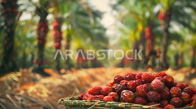 الاهتمام بالنباتات و الاشجار الخضراء المثمرة, موسم قطاف و حصاد التمور، محاصيل و منتجات زراعيه محلية وطنية ,محمية طبيعية لزراعة أشجار النخيل في المملكة العربية السعودية، صورة مقربة لعنقود من حبات الرطب الطازج