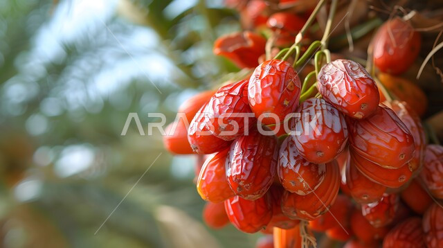 The season of picking and harvesting dates, caring for green fruitful plants and trees, local and national agricultural crops and products, a natural reserve for growing palm trees in the Kingdom of Saudi Arabia, a close-up photo of a bunch of fresh dates.