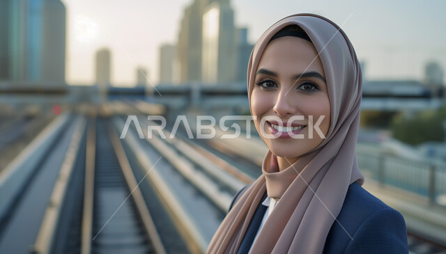 ملابس محجبات عصرية راقية، مفهوم الأنوثة والنعومة، الاهتمام بالمظهر الخارجي والأناقة، النظر إلى الكاميرا بايماءات الثقة بالنفس، صورة مقربة لامرأة عربية خليجية سعودية محجبة مبتسمة