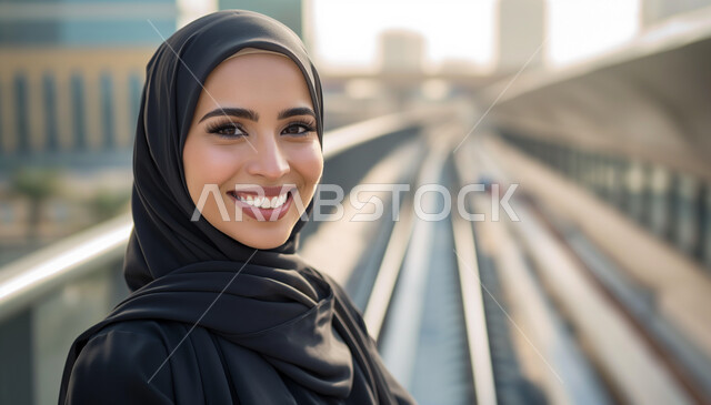 مفهوم الأنوثة والنعومة، الاهتمام بالمظهر الخارجي والأناقة، أزياء محجبات عصرية راقية، النظر إلى الكاميرا بايماءات الثقة بالنفس، صورة مقربة لامرأة عربية خليجية سعودية محجبة مبتسمة