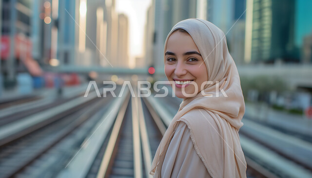 الاهتمام بالمظهر الخارجي والأناقة، أزياء محجبات عصرية راقية، النظر إلى الكاميرا بايماءات الثقة بالنفس، مفهوم الأنوثة والنعومة، صورة مقربة لامرأة عربية خليجية سعودية محجبة مبتسمة