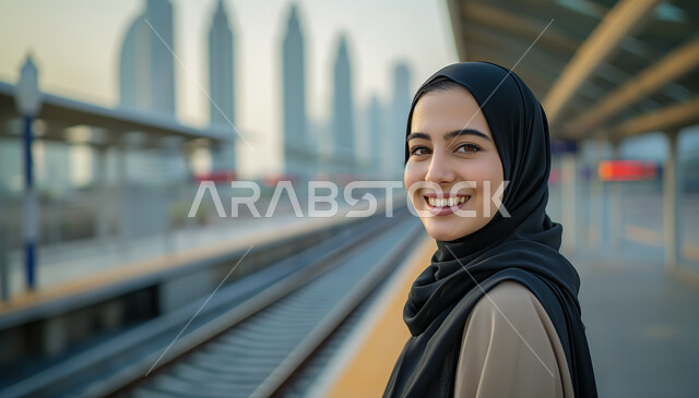 الاناقة والاهتمام بالمظهر الخارجي، أزياء محجبات عصرية راقية، النظر إلى الكاميرا بايماءات الثقة بالنفس، مفهوم الأنوثة والنعومة، صورة مقربة لامرأة عربية خليجية سعودية محجبة مبتسمة