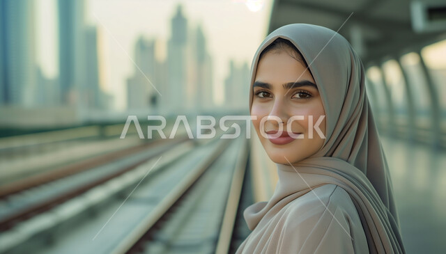 أزياء محجبات عصرية راقية، النظر إلى الكاميرا بايماءات الثقة بالنفس، الاناقة والاهتمام بالمظهر الخارجي، مفهوم الأنوثة والنعومة، صورة مقربة لامرأة عربية خليجية سعودية محجبة مبتسمة