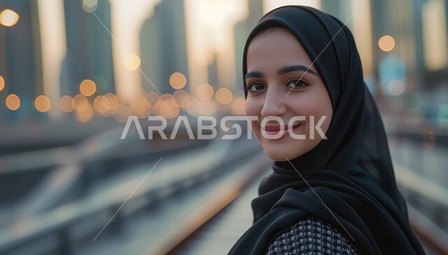 النظر إلى الكاميرا بايماءات الثقة بالنفس، أزياء محجبات عصرية راقية، الاناقة والاهتمام بالمظهر الخارجي، مفهوم الأنوثة والنعومة، صورة مقربة لامرأة عربية خليجية سعودية محجبة مبتسمة