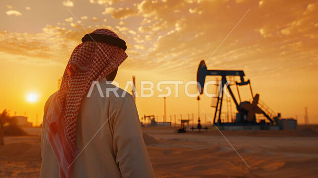 مهن ووظائف سعودية، اعتماد التقنيات والتكنولوجيا الحديثة في إنتاجية النفط والغاز في المملكة العربية السعودية, جودة معامل ومعدات إنتاج النفط, صورة من الخلف لرجل أعمال عربي سعودي خليجي يرتدي الثوب التقليدي يتابع سير أعمال المصنع، خلفية مصفاة البترول