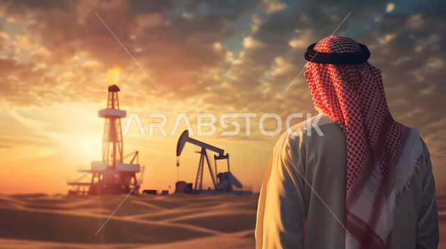 جودة معامل ومعدات إنتاج النفط, اعتماد التقنيات والتكنولوجيا الحديثة في إنتاجية النفط والغاز في المملكة العربية السعودية, صورة من الخلف لرجل أعمال عربي سعودي خليجي يرتدي الثوب التقليدي يتابع سير أعمال المصنع، مهن ووظائف سعودية، خلفية مصفاة البترول