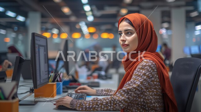 Office administrative professions and jobs, using modern and advanced technological devices, managing and organizing business affairs through technical devices, a veiled Saudi Gulf Arab employee working on a laptop inside the office, companies and offices in the Kingdom of Saudi Arabia