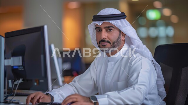 إدارة شؤون الأعمال وتنظيمها, استخدام الأجهزة التكنولوجية الحديثة والمتطورة، وظائف ومهن ادارية مكتبية, موظف عربي خليجي سعودي يقوم بالعمل على الحاسوب داخل المكتب، الشركات والمكاتب في المملكة العربية السعودية