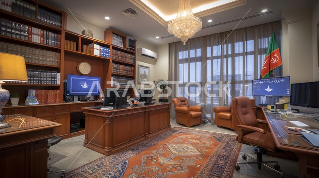 تصميم عصري حديث لمكاتب الشركات في المملكة العربية السعودية، غرفة الأعمال الواسعة المجهزة بالمعدات والادوات، غرف مكتبية بتصاميم داخلية وديكورات راقية، مجسمات وتصاميم لمكتب عمل حديث متطور