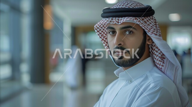 الوقوف باستقامة والنظر الى الكاميرا، مفهوم الرجولة والثقة بالنفس ، الأناقة والاهتمام بالمظهر الخارجي، صورة مقربة لرجل عربي خليجي سعودي مبتسم يرتدي الزي التقليدي والشماغ 