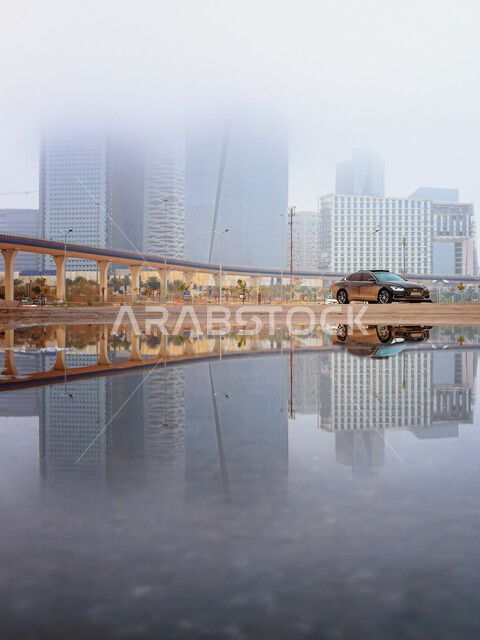 تجمع المياه امام مركز الملك عبد الله المالي (كافد)، المنشآت والأبراج المالية في مدينة الرياض في فصل الشتاء، الفن الهندسي المعماري للمباني وناطحات السحاب المشهورة في المملكة، تحقيق النهضة الاقتصادية والتجارية، النمو والتطور العمراني في السعودية