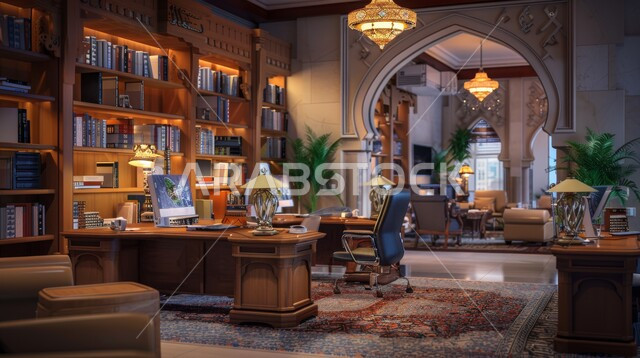 غرفة الأعمال الواسعة المجهزة بالمعدات والادوات، تصميم عصري حديث لمكاتب الشركات في المملكة العربية السعودية، غرف مكتبية بتصاميم داخلية وديكورات راقية، مجسمات وتصاميم لمكتب عمل حديث متطور