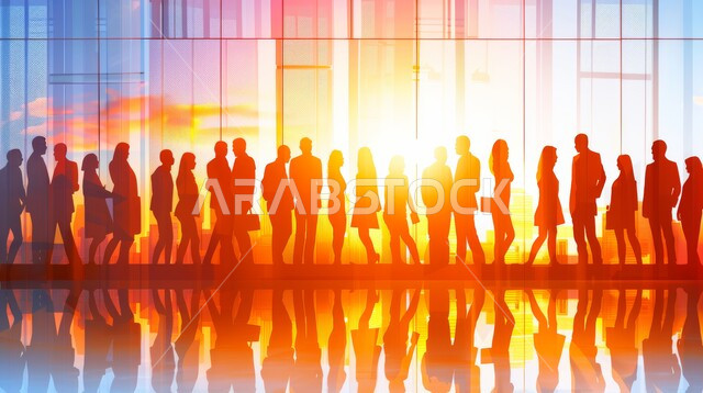 مهن ووظائف سعودية مختلفة، صورة ظلية لمجموعة من الأشخاص العرب الخليجيين السعوديين الموظفين أمام واجهة زجاجية في وقت غروب الشمس، التطور والتقدم المهني في المملكة، سالويت