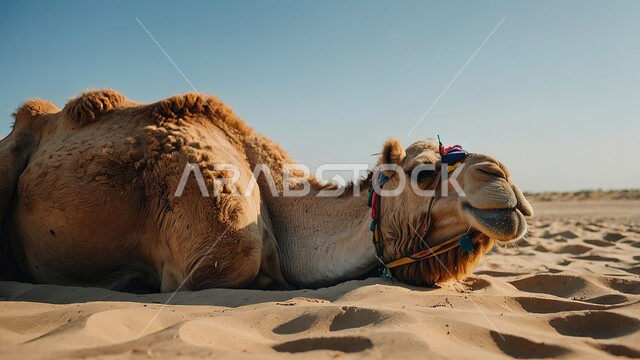 المحميات الطبيعية البرية للعناية بالابل، صورة مقربة لجمل نائم في الصحراء، تربية الجمال ورعاية المواشي والثدييات في المملكة العربية السعودية، الكثبان الرملية الناعمة في الأماكن الصحراوية