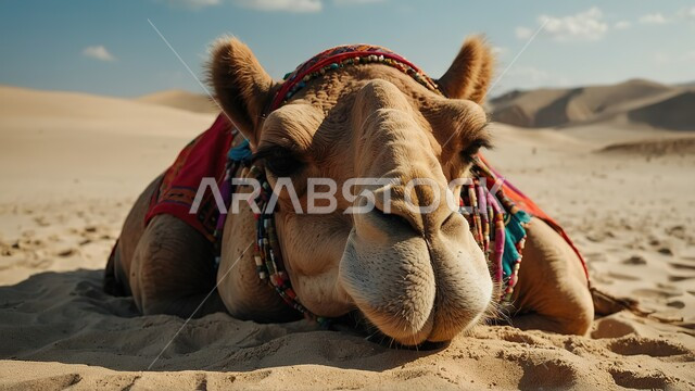 Soft sand dunes in desert places, wild natural reserves for caring for camels, a close-up of a sleeping camel in the desert, raising camels and caring for livestock and mammals in the Kingdom of Saudi Arabia