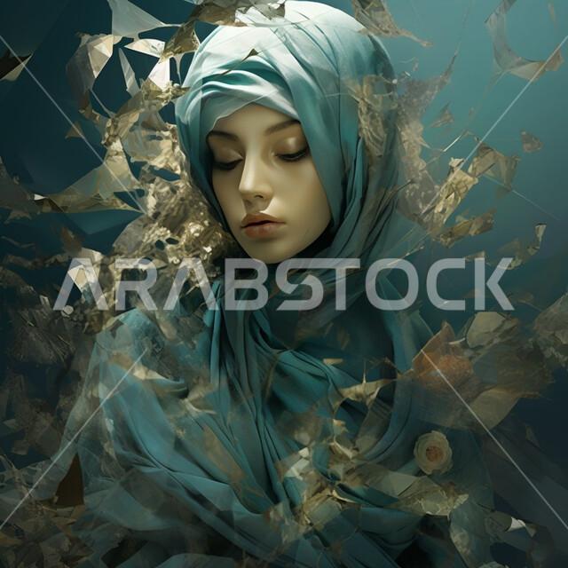 مفهوم الأنوثة والنعومة، الأناقة والاهتمام بالمظهر الخارجي، حجابات نسائية عصريه حديثه, بورتريه مقرب لإمرأة عربية خليجية سعودية مبتسمة ترتدي الحجاب تنظر بإيماءات الثقة بالنفس، خلفية زرقاء
