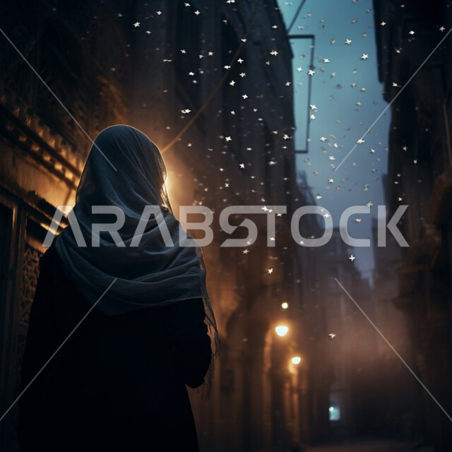 مفهوم الأنوثة والنعومة، صورة من الخلف لامرأة عربية خليجية سعودية محجبة ترتدي العباءة تنظر إلى شيء ما, الاهتمام بالمظهر الخارجي, الوقوف بثقة بالنفس في إحدى الأحياء التراثية القديمة