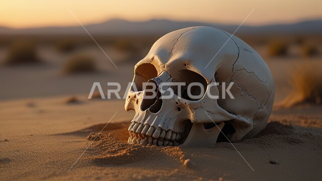 التلال و الكثبان الرملية، راس هيكل عظمي في  الصحراء القاحله، صورة مقربه لجمجمه على الرمال الذهبيه الناعمه في الصحراء، خلفية الطبيعة