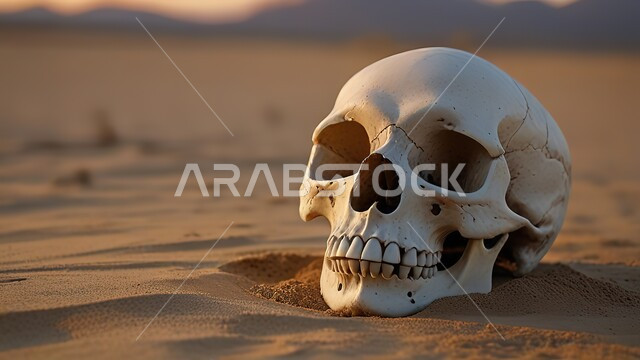 راس هيكل عظمي في  الصحراء القاحله، التلال و الكثبان الرملية، صورة مقربه لجمجمه على الرمال الذهبيه الناعمه في الصحراء، خلفية الطبيعة