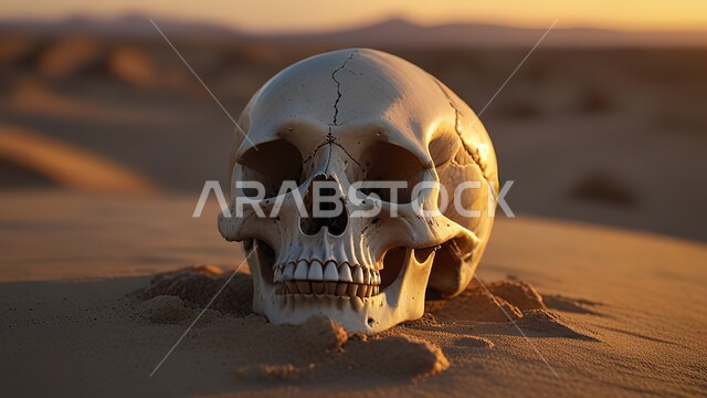التلال و الكثبان الرملية، راس هيكل عظمي في  الصحراء القاحله، صورة مقربه لجمجمه على الرمال الذهبيه الناعمه في الصحراء، خلفية الطبيعة