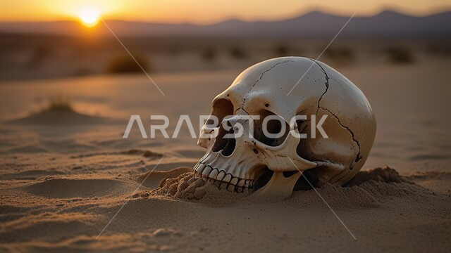 Sky view at sunset, hills and sand dunes, skeleton head in barren desert, close-up of skull on soft golden sand in desert, nature background