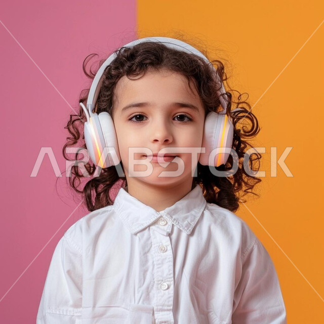 Listening to songs and music via headphones, using modern technical devices, close-up portrait of a Saudi Gulf Arab girl wearing a headphone while listening to something, colorful background