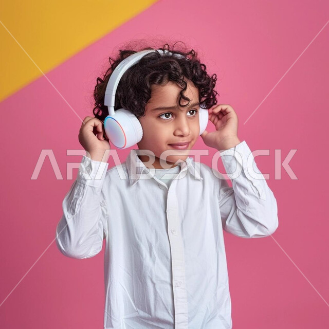 استخدام الأجهزة التقنية الحديثة، الاستماع الى الأغاني والموسيقى عبر سماعة الرأس،  بورتريه مقرب لطفل عربي خليجي سعودي يضع الهيدفون يقوم بالإصغاء إلى شيء ما،خلفية ملونة