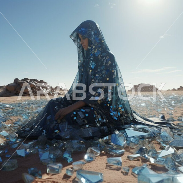 احجار زرقاء ألماسيه في البراري، اجواء صحراويه في الصيف، امراه عربية خليجية سعودية  محجبه ترتدي عباءه عصريه زرقاء تجلس على قطع زجاجيه متناثره في الصحراء 