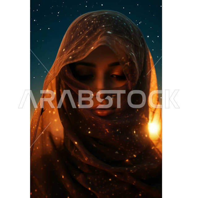 مفهوم الأناقة والأنوثة والنعومة، الاهتمام بالمظهر الخارجي، أزياء محجبات وملابس نسائية بالوان عصريه حديثة, صورة مقربة لإمرأة عربية خليجية سعودية ترتدي الحجاب  تنظر بإيماءات الثقة بالنفس