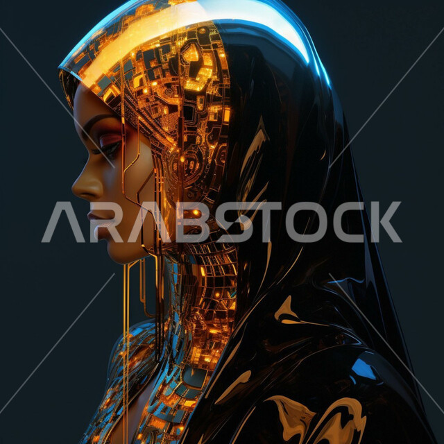 الأناقة والاهتمام بالمظهر الخارجي، حجابات نسائية عصريه حديثه, مفهوم الأنوثة والنعومة، بورتريه مقرب لإمرأة عربية خليجية سعودية مبتسمة ترتدي الحجاب تنظر إلى شيء ما بإيماءات الثقة بالنفس، خلفية زرقاء