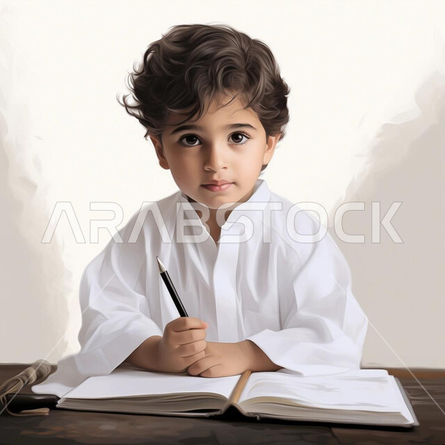 الاستمتاع بقراءة الكتاب المدرسي ، تنمية المهارات الثقافية والفكر، تلميذ عربي سعودي خليجي يرتدي الثوب التقليدي يدرس في المنزل ينظر إلى الكاميرا ويؤدي واجباته المدرسية