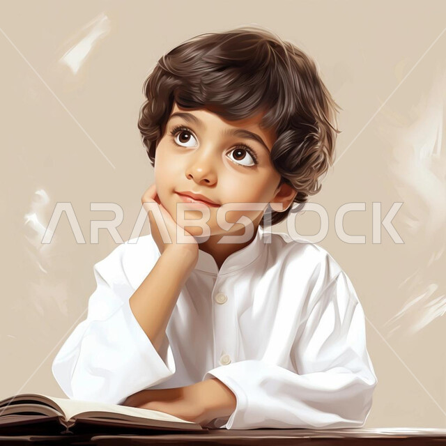 Looking at a place, enjoying reading the textbook, developing cultural skills and thought, a Saudi Gulf Arab student wearing the traditional dress studying at home doing his schoolwork.