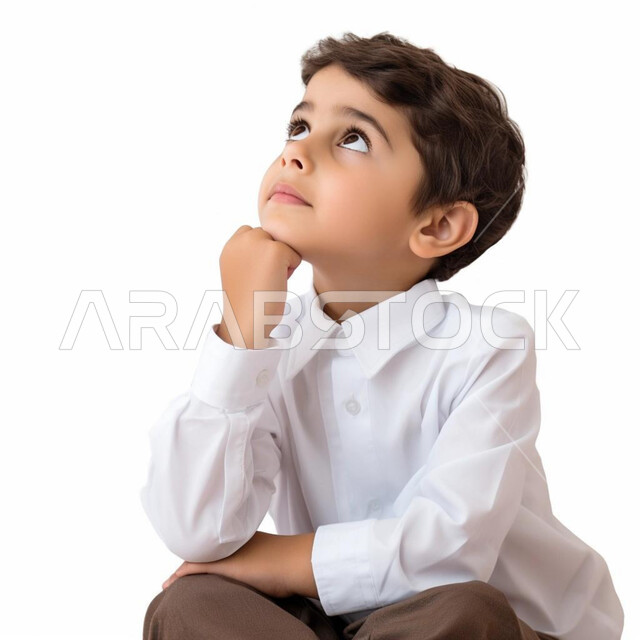  إيماءات تدل على التفكير بشيء ما، بورتريه لطفل عربي سعودي خليجي يرتدي الثوب السعودي, التأمل والتفكر للتخطيط للمستقبل, إيجاد حل لمشكلة, النظر إلى مكان ما، خلفية بيضاء