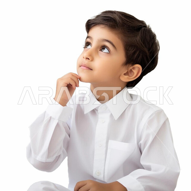 التفكر والتمعن للتخطيط للمستقبل, إيماءات تدل على التفكير بشيء ما، بورتريه لطفل عربي سعودي خليجي يرتدي الثوب السعودي,  إيجاد حل لمشكلة, النظر إلى مكان ما، خلفية بيضاء