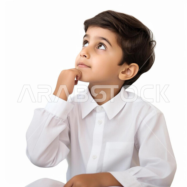 النظر إلى مكان ما، التفكر والتمعن للتخطيط للمستقبل, إيماءات تدل على التفكير بشيء ما، بورتريه لطفل عربي سعودي خليجي يرتدي الثوب السعودي,  إيجاد حل لمشكلة,  خلفية بيضاء