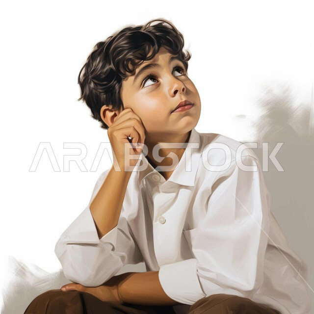 إيجاد حل لمشكلة, النظر إلى مكان ما، التفكر والتمعن للتخطيط للمستقبل, إيماءات تدل على التفكير بشيء ما، بورتريه لطفل عربي سعودي خليجي يرتدي الثوب السعودي يضع يده على خده,   خلفية بيضاء