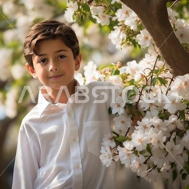 مفهوم الاهتمام بالمظهر الخارجي للأولاد , ايماءات البشاشة والبراءة، صورة مقربة لولد عربي خليجي سعودي مبتسم يرتدي الثوب التقليدي الأبيض يقف في حديقة مليئة بأزهار الربيع ، خلفية طبيعة