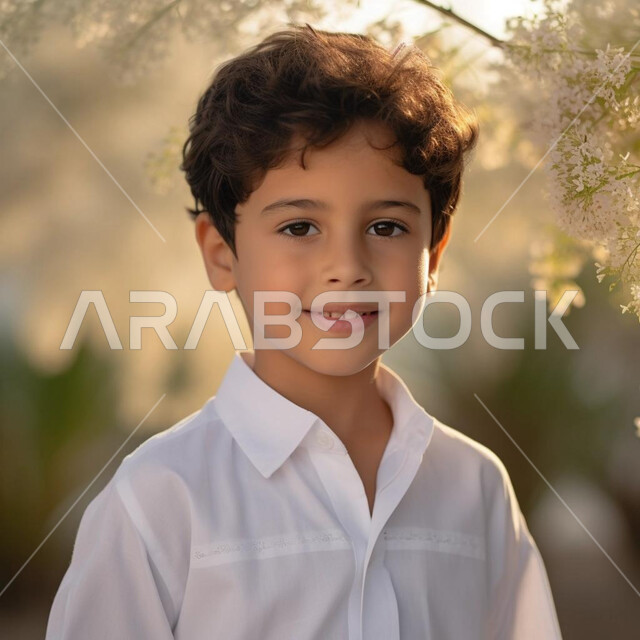 الاهتمام بالمظهر الخارجي للأولاد , ايماءات البشاشة والبراءة، صورة مقربة لولد عربي خليجي سعودي مبتسم يرتدي الثوب التقليدي الأبيض يقف في حديقة مليئة بأزهار الربيع ، خلفية طبيعة