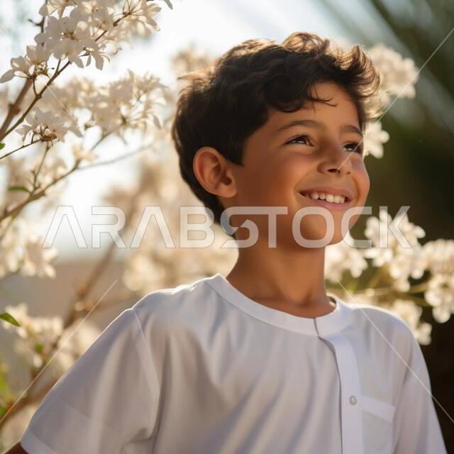 النظر إلى مكان ما، ايماءات البشاشة والبراءة، الاهتمام بالمظهر الخارجي للأولاد , صورة مقربة لولد عربي خليجي سعودي مبتسم يرتدي الثوب التقليدي الأبيض يقف في حديقة مليئة بأزهار الربيع ، خلفية طبيعة