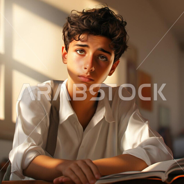 الشعور والاحساس بالضجر والارهاق، ولد عربي خليجي سعودي يرتدي الثوب التقليدي ويجلس على طاولة الدراسة ينظر الى الكاميرا بإيماءات العبوس والملل، إنتظار شيء ما، التفكير وشرود الذهن