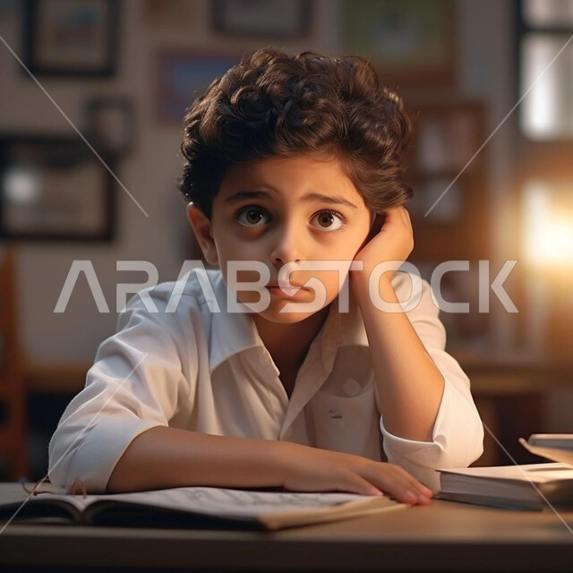 التفكير وشرود الذهن، الشعور والاحساس بالضجر والارهاق، ولد عربي خليجي سعودي يرتدي الثوب التقليدي ويجلس على طاولة الدراسة ينظر الى الكاميرا بإيماءات العبوس والملل، إنتظار شيء ما