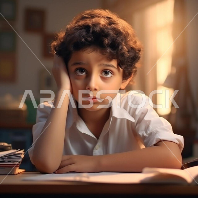 Waiting for something, thinking and being distracted, feeling and feeling bored and exhausted, a Saudi Gulf Arab boy wearing a traditional dress and sitting at the study table looking at the camera with gestures of frowning and boredom.