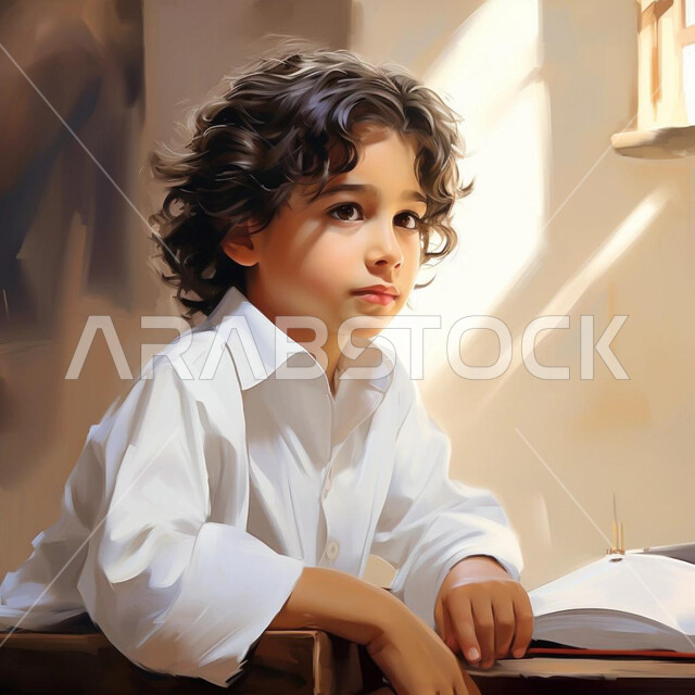 النظر إلى مكان ما، التمعن والتفكر للتخطيط للمستقبل, إيجاد حل لمشكلة, إيماءات تدل على التفكير بشيء ما، بورتريه لطفل عربي سعودي خليجي يرتدي الثوب السعودي، الاهتمام بالأناقة والمظهر الخارجي للأولاد