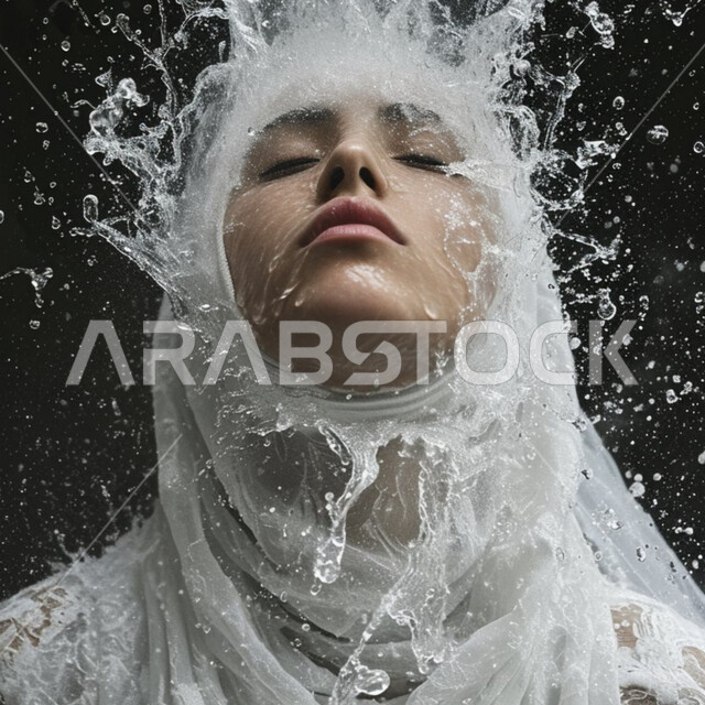 الاغتسال بالماء البارد المنعش، الأناقة والاهتمام بالمظهر الخارجي، بورتريه مقرب  لإمرأة عربية خليجية سعودية ترتدي الحجاب الابيض مندمجه مع قطرات المياه المحيطه بها، مفهوم الأنوثة والنعومة، حجابات نسائية عصرية عرائسية بيضاء، خلفية سوداء